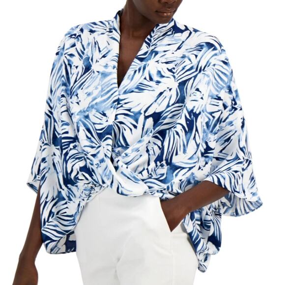 Alfani Printed Oversized Blouse - Poncho Style - Petite Pet Dream Leaf Blue  $70 - Picture 1 of 11